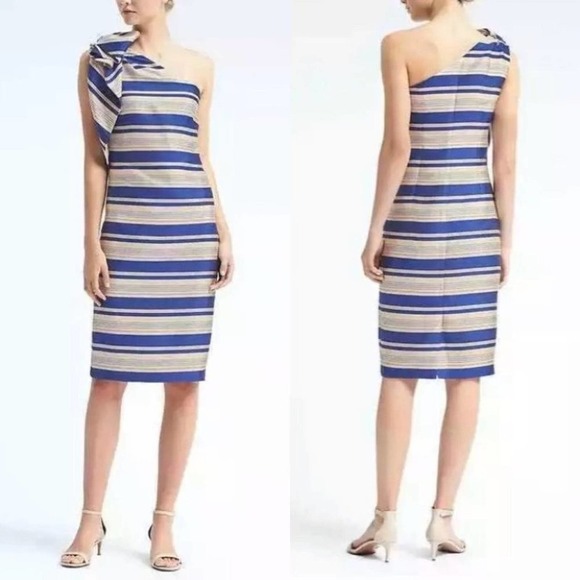 BANANA REPUBLIC One Shoulder Bow Stripe Dress Size 4 NEW - Picture 1 of 8
